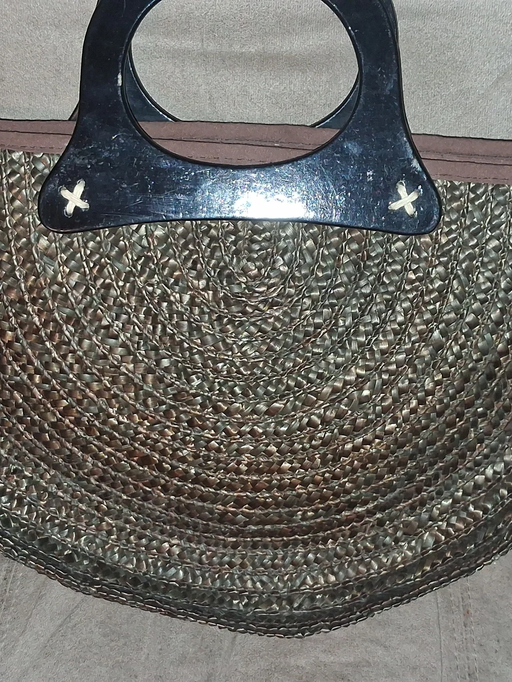 Boho Straw Tote Bag with Black Handle and Multicolor Bead Accents